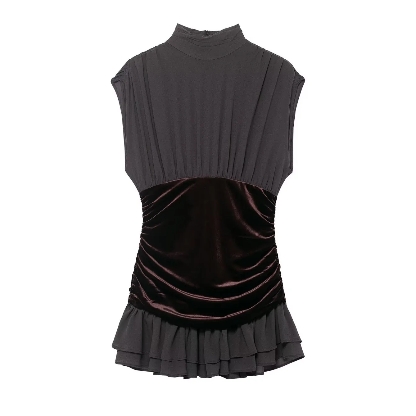 Moda feminina veludo mini vestido emenda em camadas retalhos sem mangas feminino sexy festa zíper fino plissado a linha vestido curto