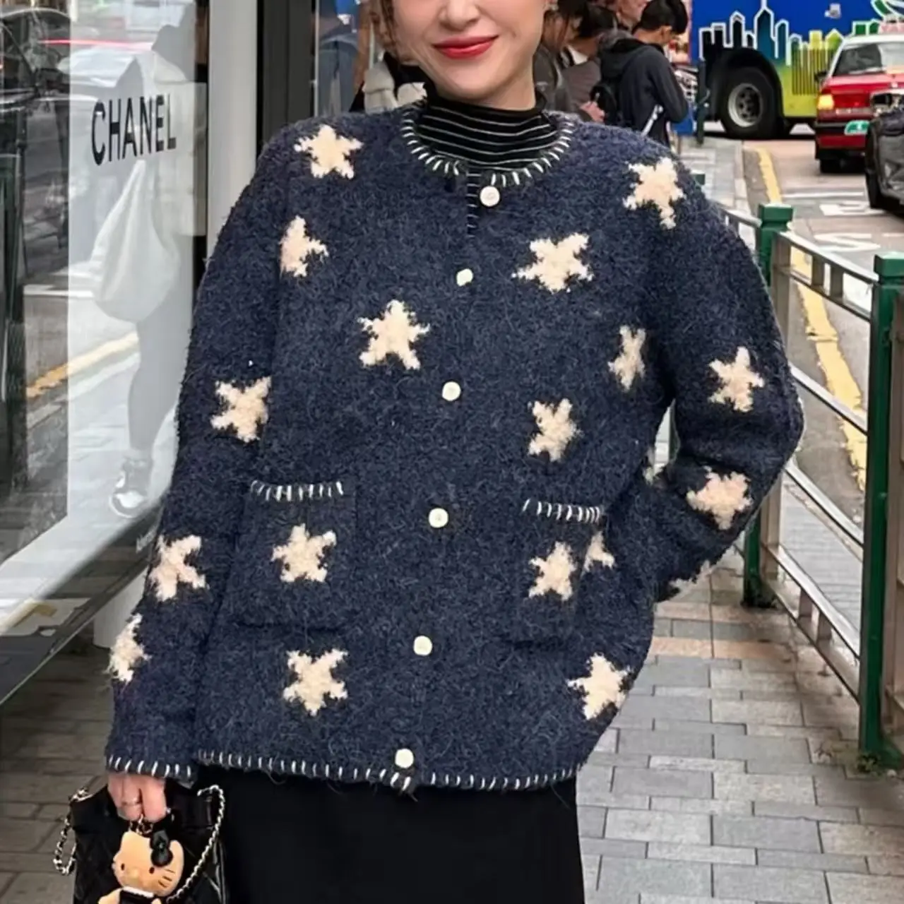 

Vintage Preppy Style Sweet Star Cardigan Women Cute Long Sleeve Solid Knitted Sweaters Casual O Neck Lady Fall Winter Outwear