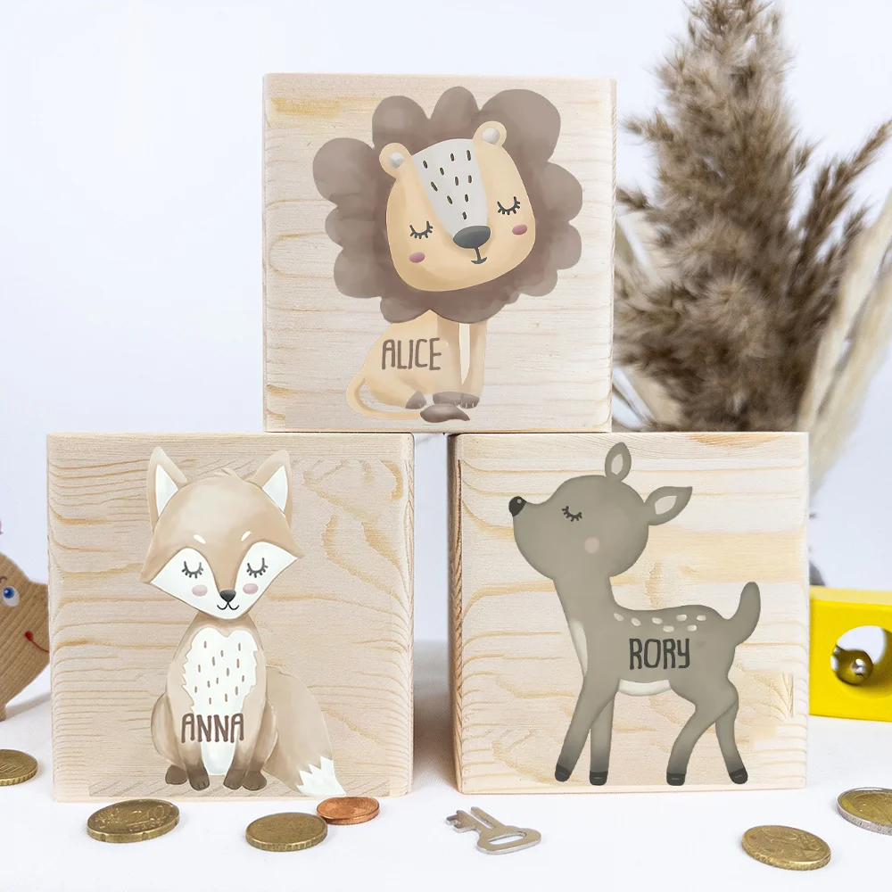 Baptism Money Box Personalized Baptism Gift Cute Animal Wooden Money Box with Name New Baby Gifts Customized Piggy Bank