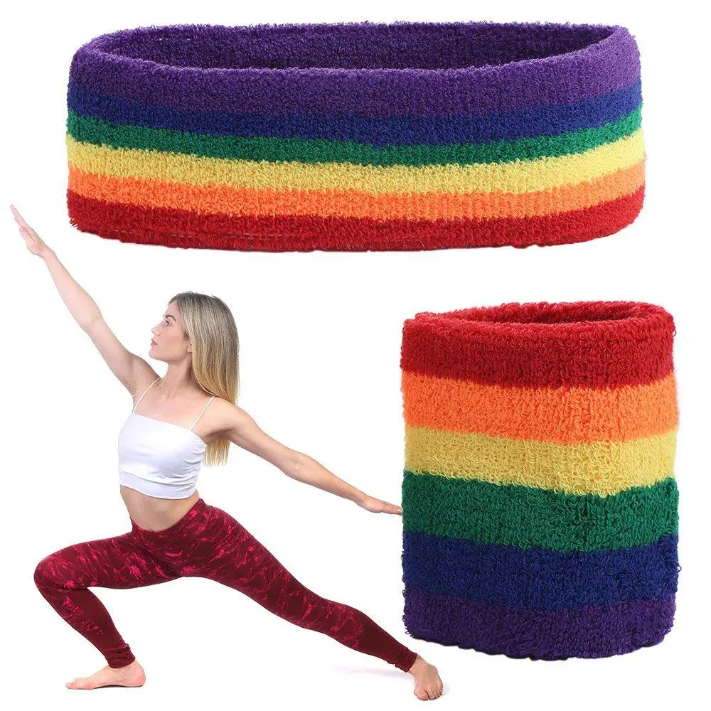 

Colorful Rainbow Tennis Headband Polyester Breathable Sport Wristband Elastic Sweat Band Towel Fitness Wrist Brace