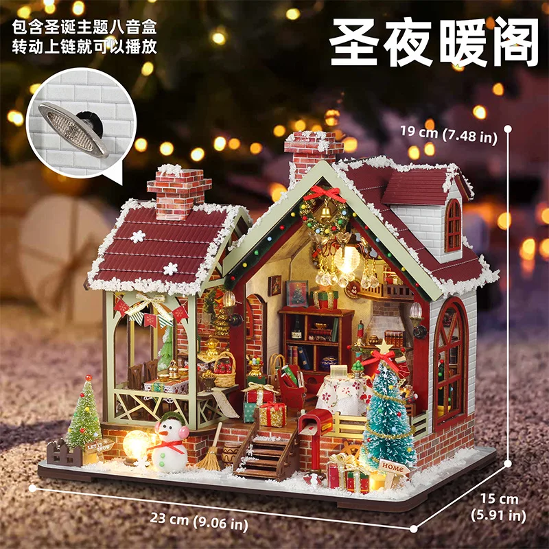 

Рождественская ночь, теплый дом, сделай сам, коттедж, ручная сборка, миниатюрный кукольный дом, модель сцены, игрушечный комплект с музыкальной шкатулкой, креативные подарки