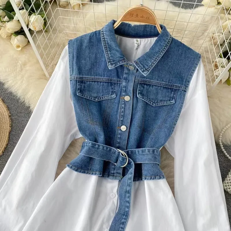 SuperAen Korean Style Denim Fake Two-piece Long-sleeved Shirt Design High Waist Fashion Chic Top Shirts