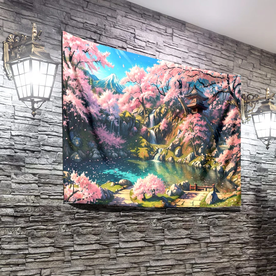 1PC Digital Printed Tapestry Wall Hanging, Anime Cherry Blossom Valley Waterfall Shrine, Japanese Scenic Landscape Wall Decor