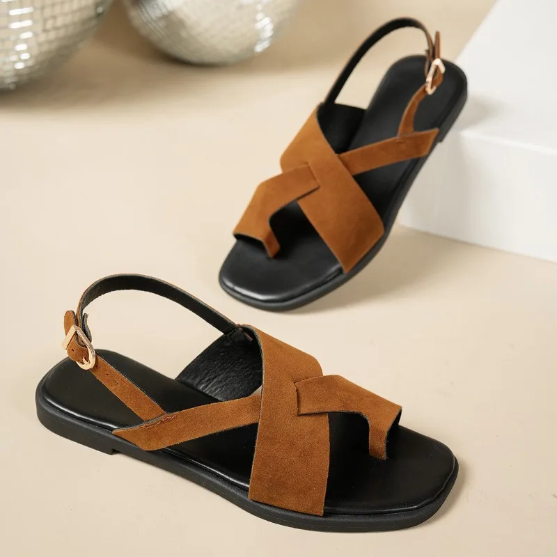 Vintage Flat Toe Herringside Sandals Women's Slingback New Summer Holiday Rome Flat Sandals and Slippers for Outer Wear Talons