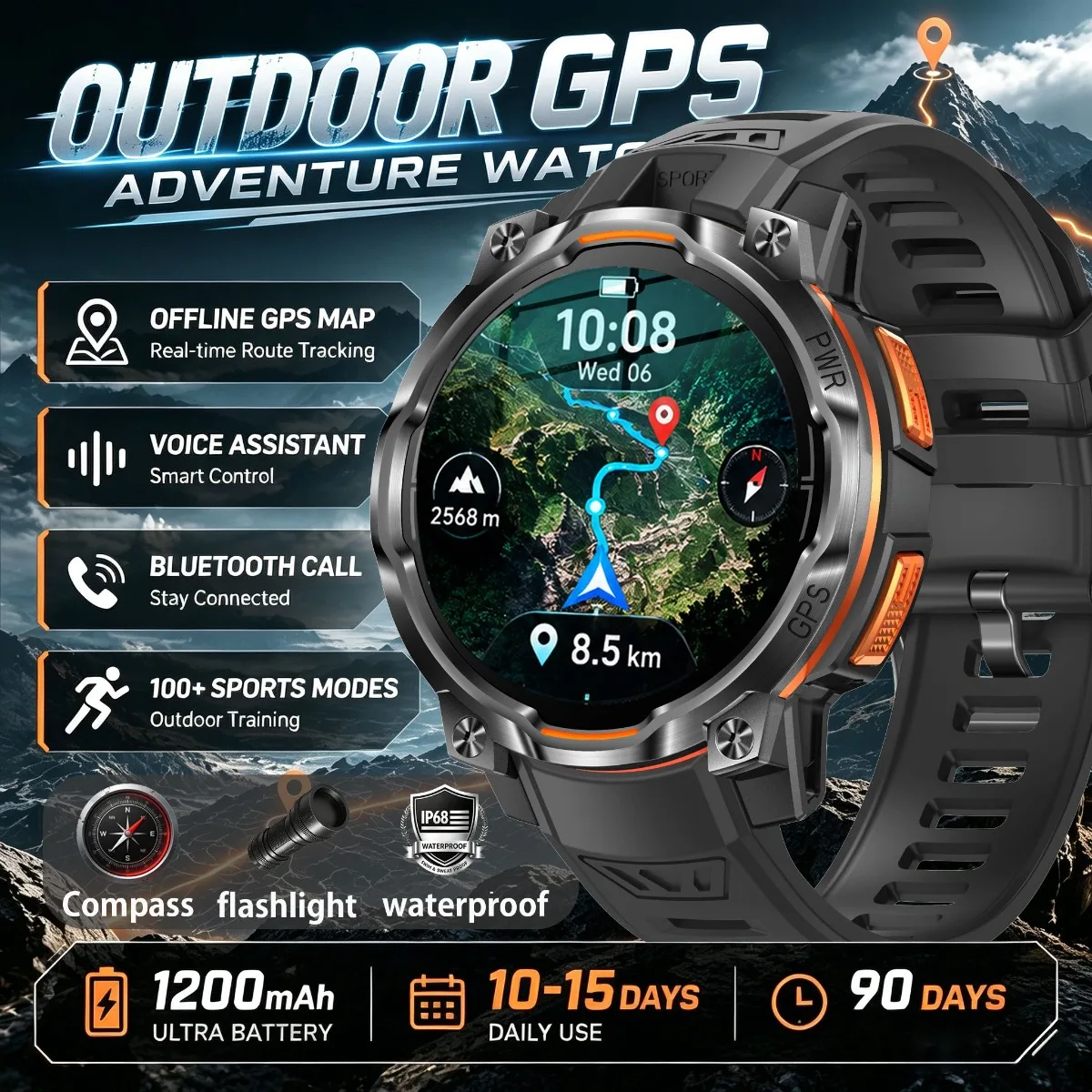 Outdoor Sports Smart Watch Men: GPS Motion Trajectory 1200mAh Battery Sports Mode Bluetooth Call Fast Charging Smartwatch New