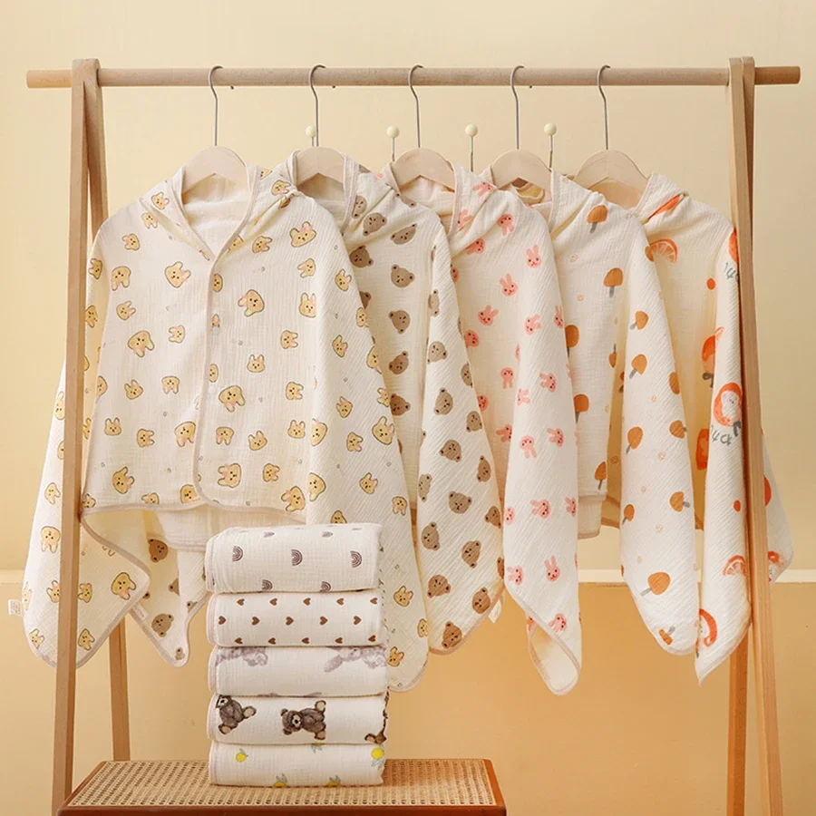 Toalha de banho para bebês, 4 camadas de gaze de algodão infantil, quatro estações, com capuz, desenho animado, roupão de banho macio para crianças pequenas, meninos e meninas