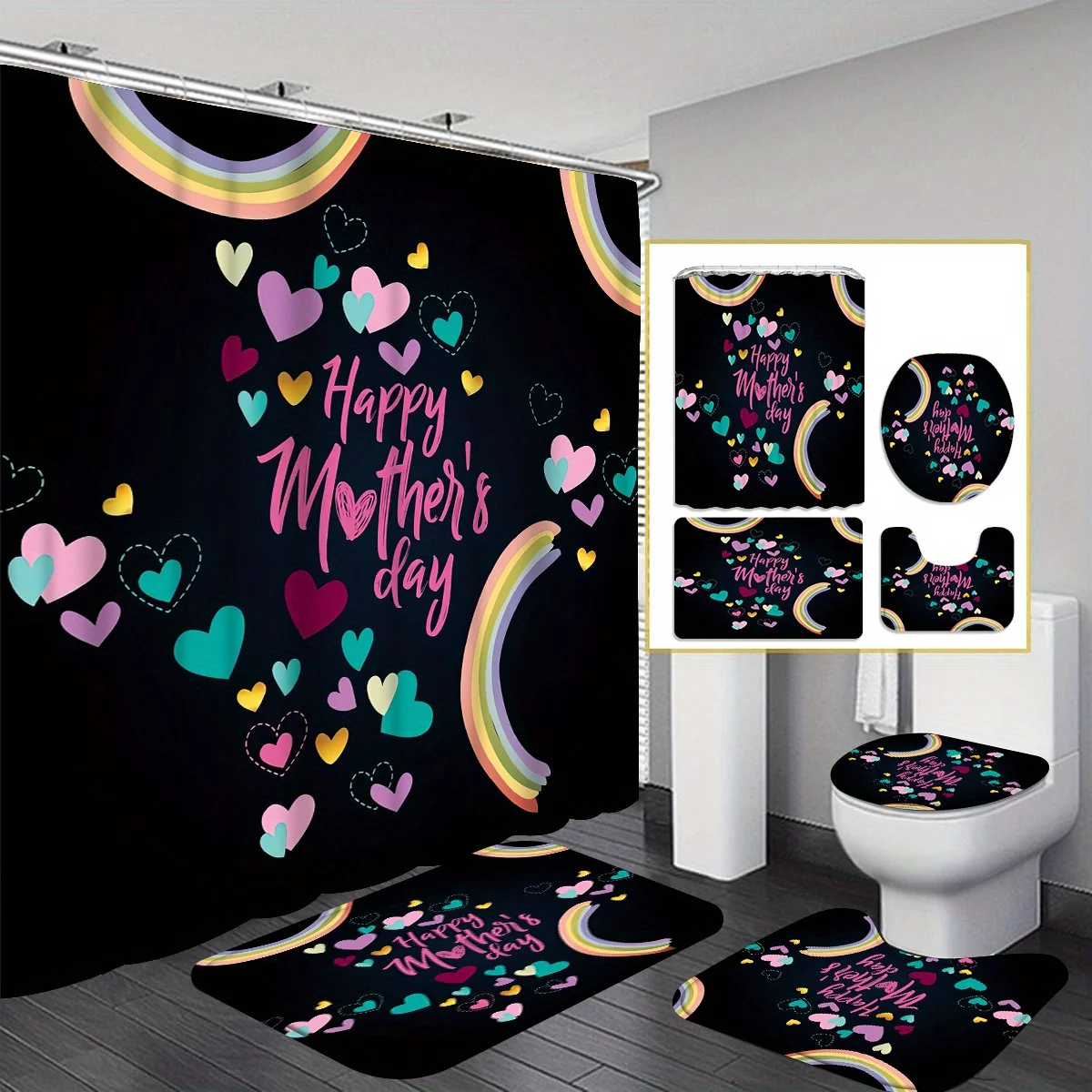 Happy Mother'S Day Shower Curtain Set with 12 Hooks --Shower Curtain, Bath Mat, Toilet Seat Cover And U-Shaped Rug -- Machine
