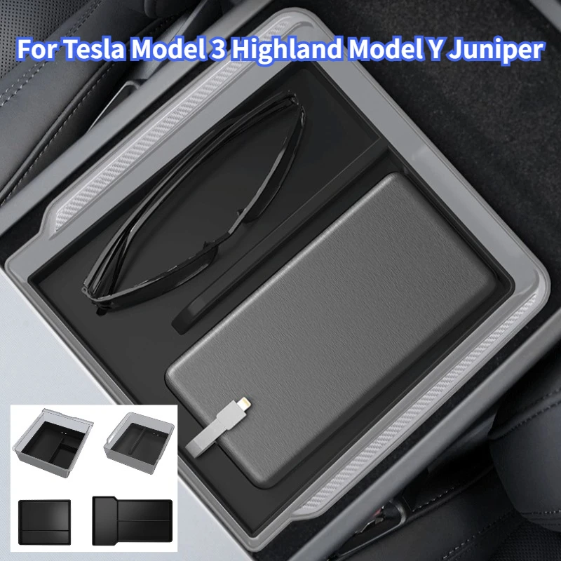 

4PCS Center Console Storage Box for Tesla Model 3 Y Juniper 2025 Armrest Box Storage Box Organizer Silicone Tray Accessories