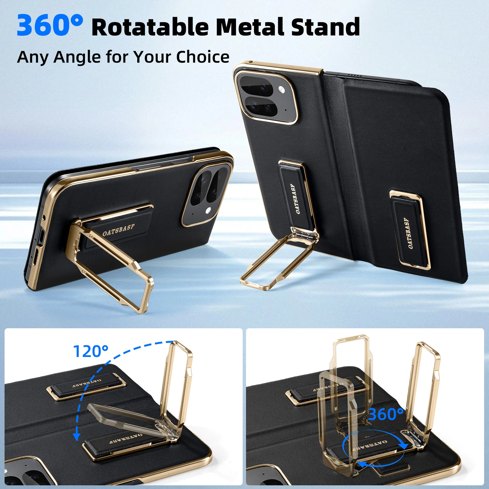 

Кожаный чехол для телефона Oatsbasf с двумя ремешками для Google Pixel 9 Pro, складной с металлической подставкой 360° ° Вращающийся складной противоударный полное покрытие