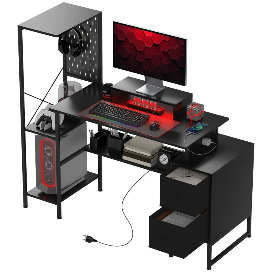 

HOMCOM 56 Computer Desk with Storage Computer Table with Power Outlets and LED Lights Black