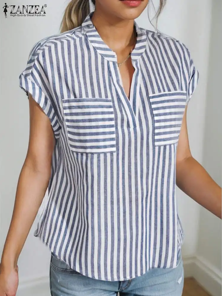 2024 ZANZEA Stylish Women V Neck Short Sleeve Striped Blouse Summer Shirt Casual OL Work Tops Tunic Female Party Blusas Chemise