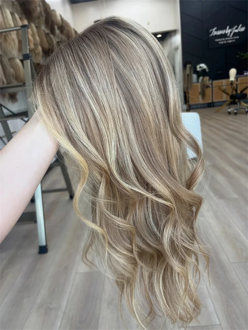 

Темные корни, пепельно-коричневый блондин, мелирование, свободная часть, парик средней длины, натуральный волнистый парик, термостойкий для женщин, парик для косплея