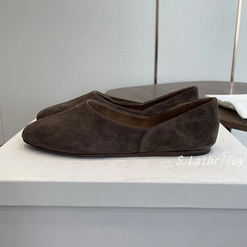 Flat Shoes Women Suede Retro Round Toe Casual Bean Shoes Spring Summer Shallow Mouth Single Shoes Grandma Shoes Lazy Loafers