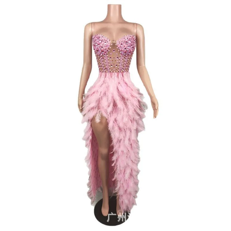 Temperament Pink Fishbone Waist Feather Dress Socialite Birthday High-end Dress Model Catwalk Trendy Clothes Luxury Prom Dresses
