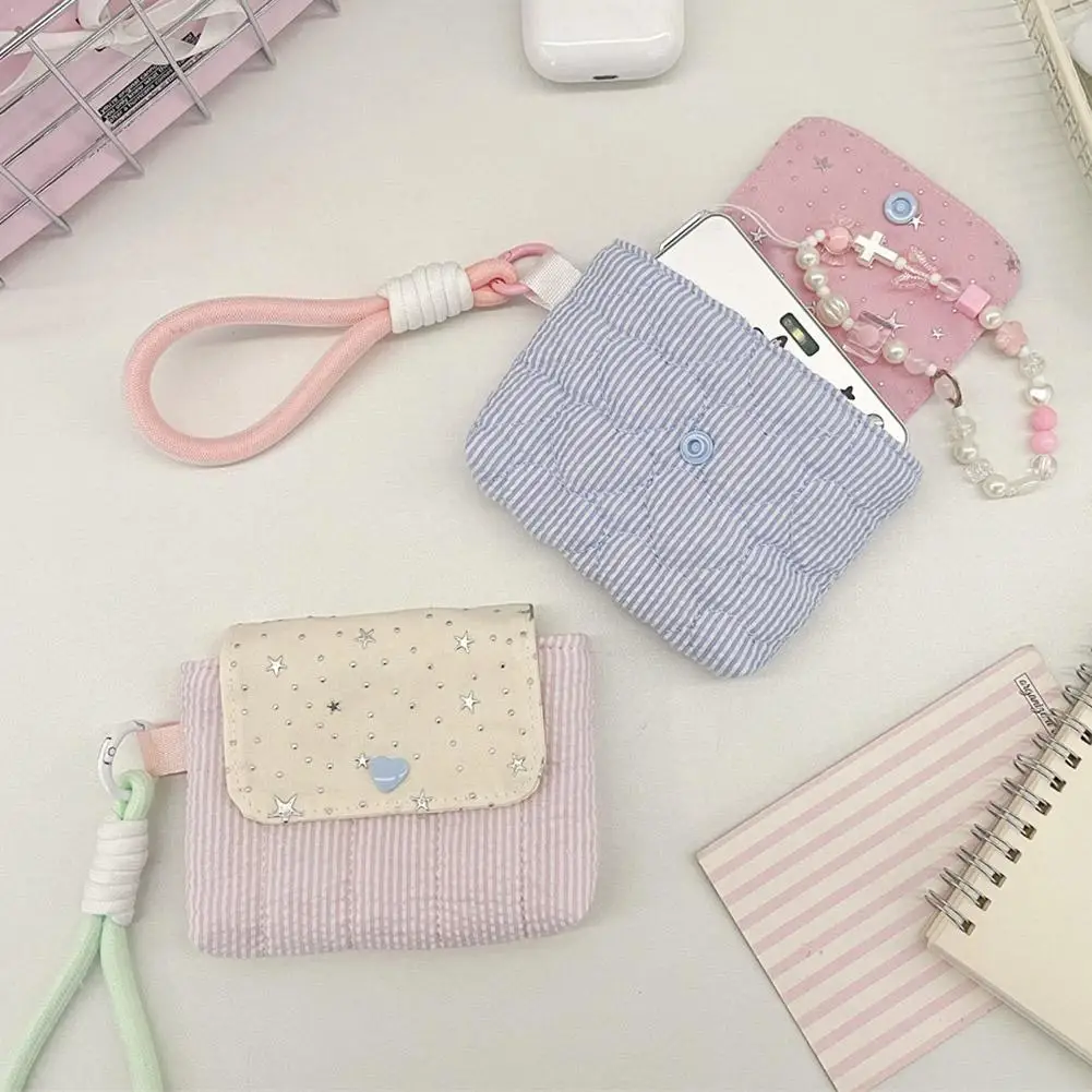 Kawaii Quilted Striped Mini Pouch Soft Cotton Makeup Bag Portable Coin Purse Hand Wristlet Small Storage Bag for Girls Women