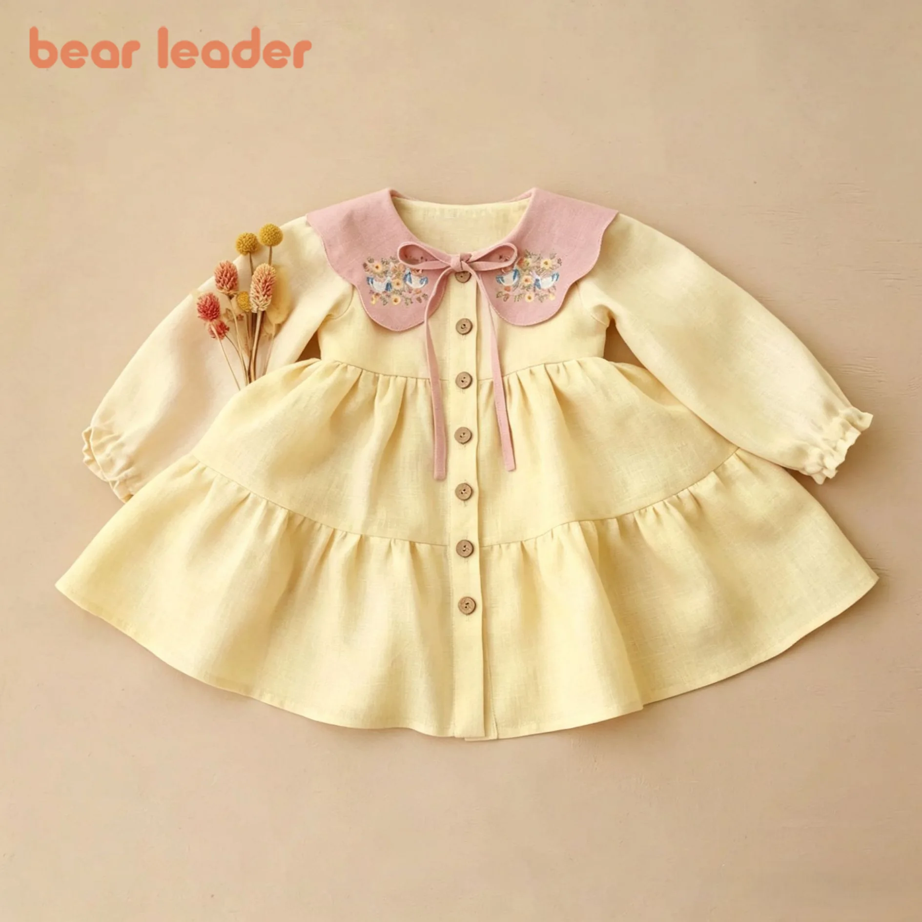 Bear Leader 2026 Autumn New Long Sleeve Flower Embroidered Collar Baby Girls Dresses Single Breasted A-line Princess Dress