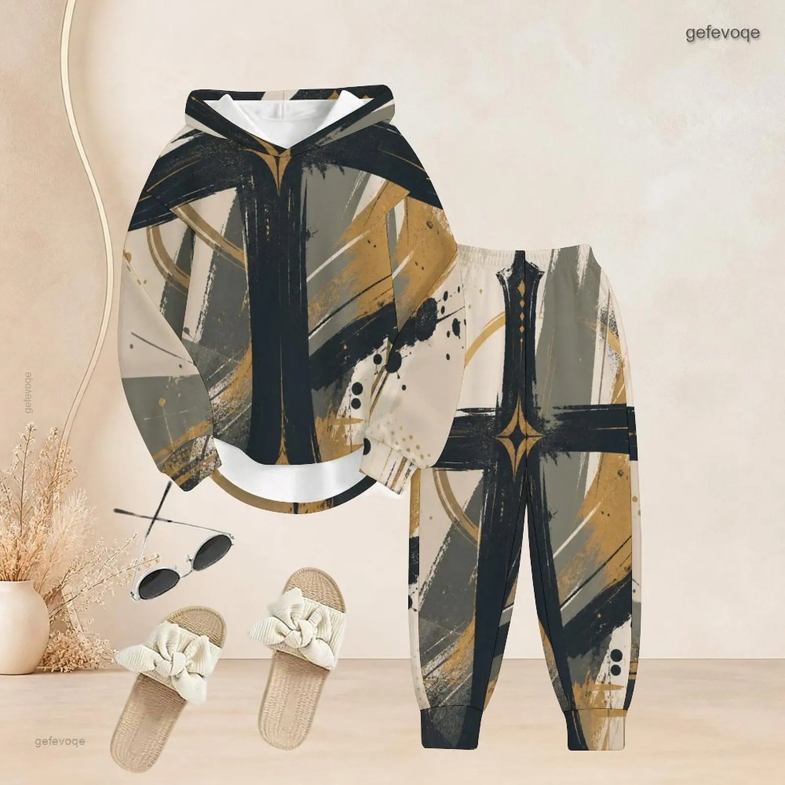 Black Gold Gray Beige Abstract Brush Cross Star Printed Long Sleeve Hoodie and Cuffed Pants Two Piece Set