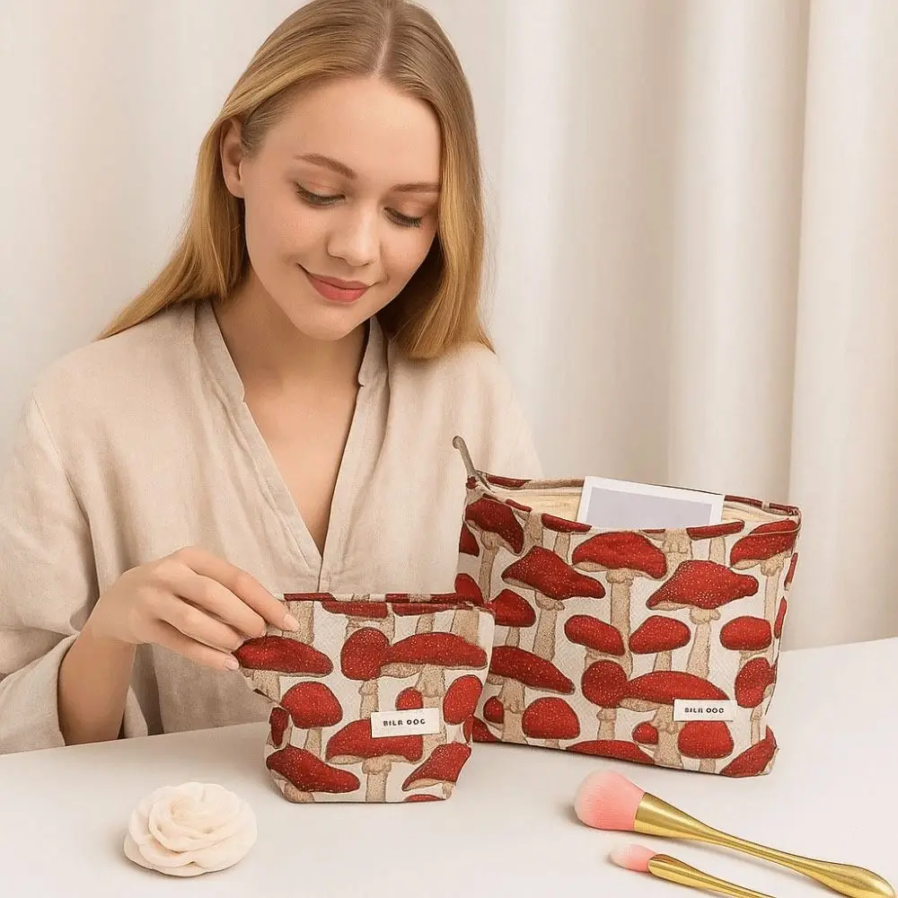 Vintage Canvas Makeup Bag Red Mushroom Printing M/L Size Storage Bag Washing Coin Key Purse Skin Care Products Storage view 2