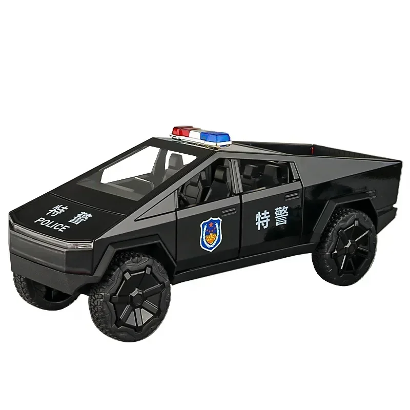 Coche de policía Tesla pickup 1:24, modelo de aleación de Metal fundido a presión de alta simulación, luz de sonido, colección extraíble, regalos de juguetes para niños