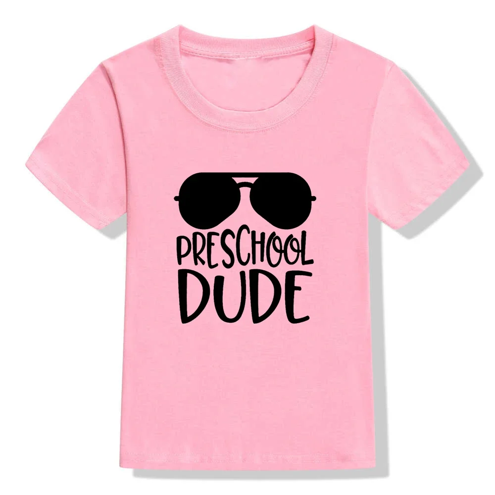 Kids Pink Short Sleeve T Shirt Preschool Dude Sunglasses Letter Graphic Print O-Neck Casual Top