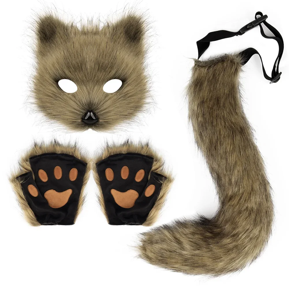 

Fluffy Fur Fox Cat Half Face Masks Tail Paws Gloves Set Halloween Cosplay Costume Accessories Theme Party Dress Up Props