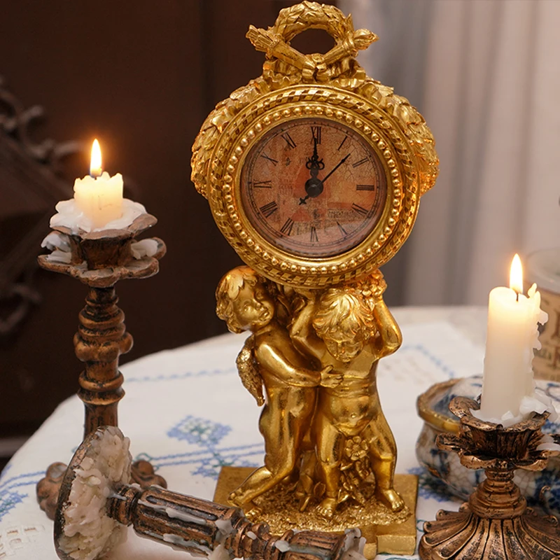 Resin Seat Clock Golden French Baroque Style Old Ornaments Retro Small Angel Relief Craft Clocks Home Decoration Props Gift