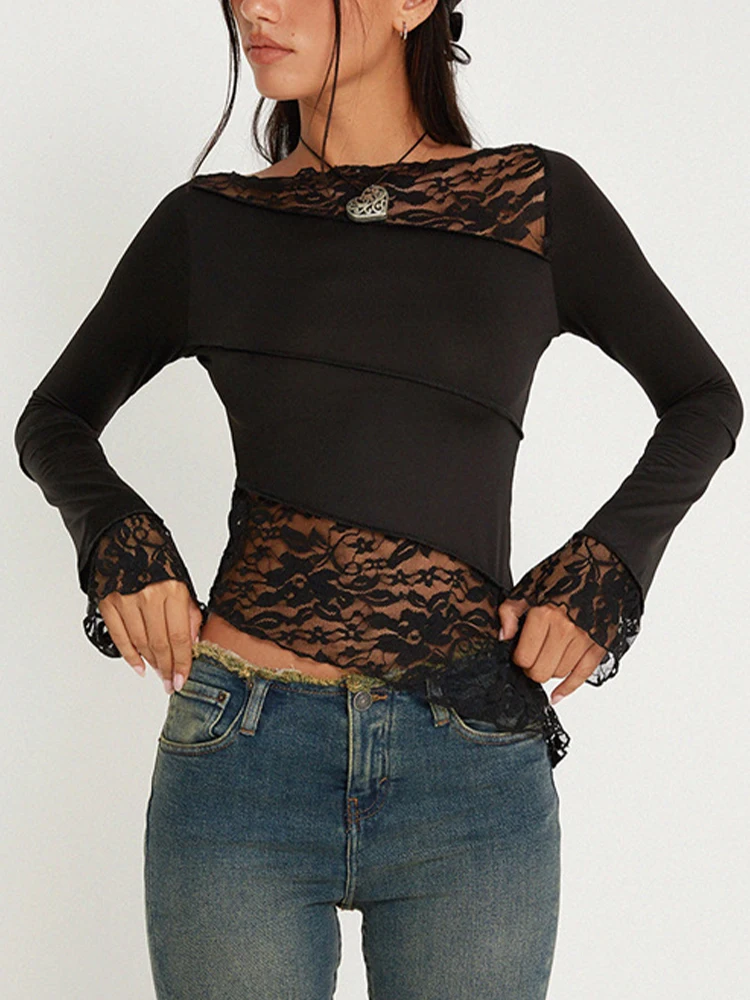 

Vintage Crop Top Women Spring Long Sleeve T-Shirt Female Sexy See Through Lace Stitch Tees Ladies Bodycon Coquette Y2K Clothes