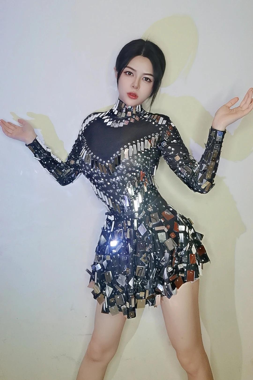 Sparkle Silver Rhinestone Sequins Long Sleeve Mini Dress Women Evening Party Short Dresses Singer Dancer Stage Performance Wear