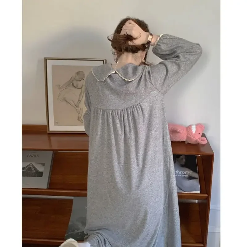 Lace Sleepwear Women Nightgown Ruffles Korean Nightwear Gray Autumn Long Sleeve Sleeping One Piece Pajamas Solid Night Dress New