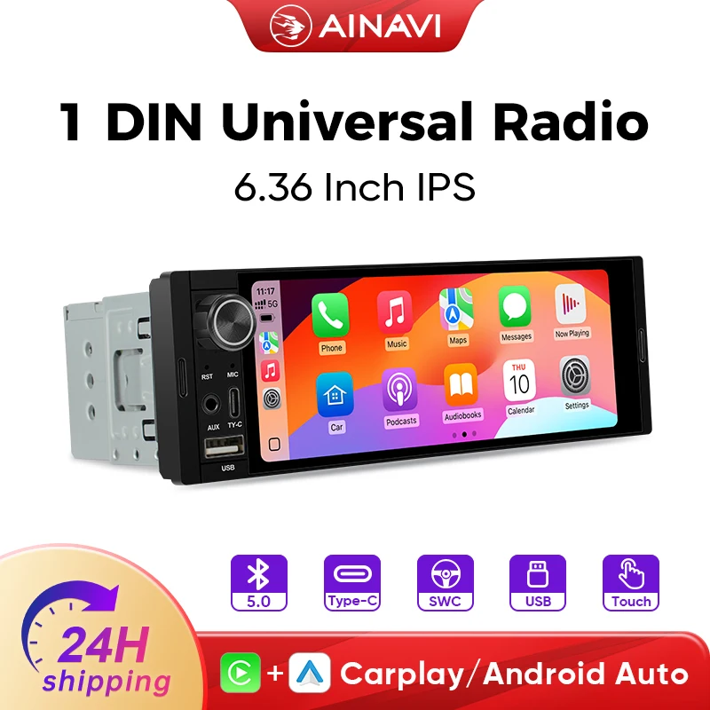 Autoradio Ainavi universel 1 Din MP5 avec écran tactile IPS, CarPlay sans fil, Android Auto, multimédia automobile, caméra de recul, microphone, USB, Bluetooth, type C