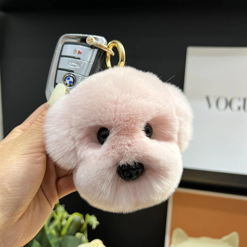 Plush Cute White Dog Head Real Rex Rabbit Fur Keychain Women HandBag Pendant Puppy Toy Car Key Trinkets Jewelry Metal Ring Gift