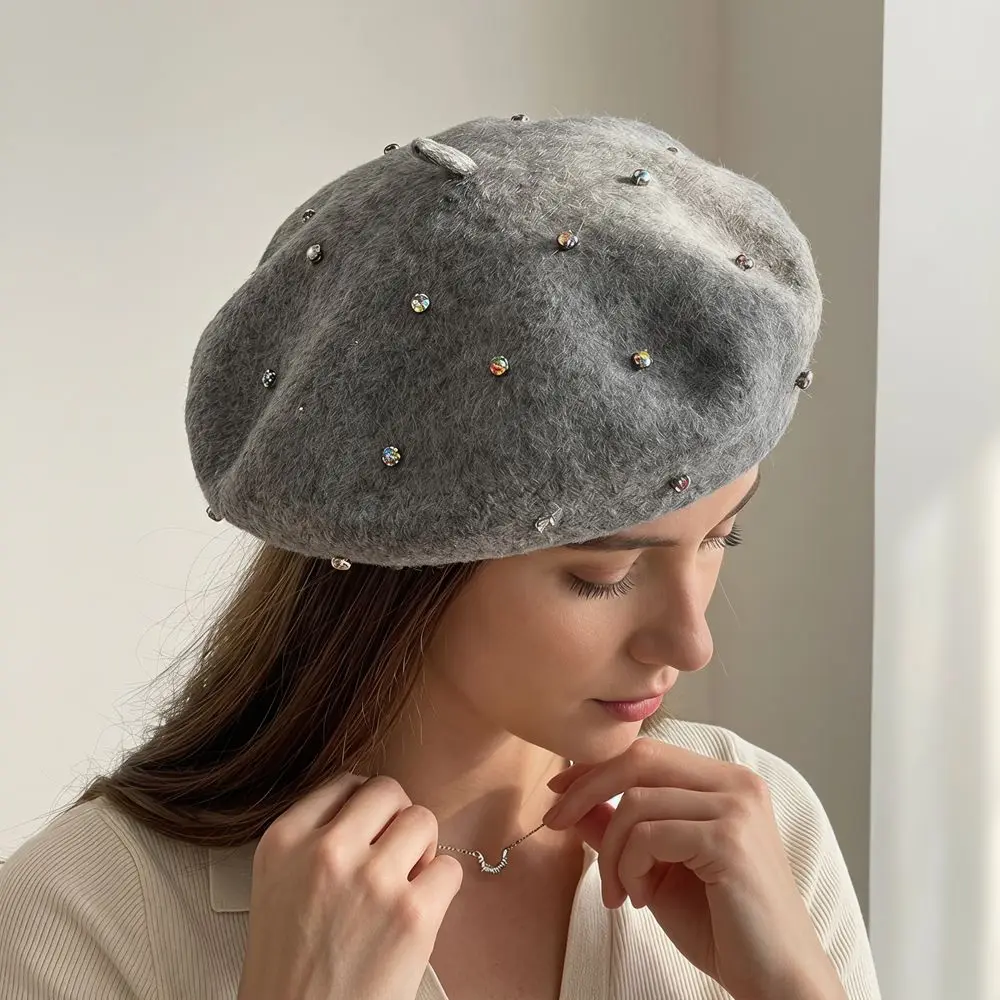 Sweet Starry Sky Rhinestones Beret Solid Color Knitted Wool Beret Warm Soft Artist Hat Women 3