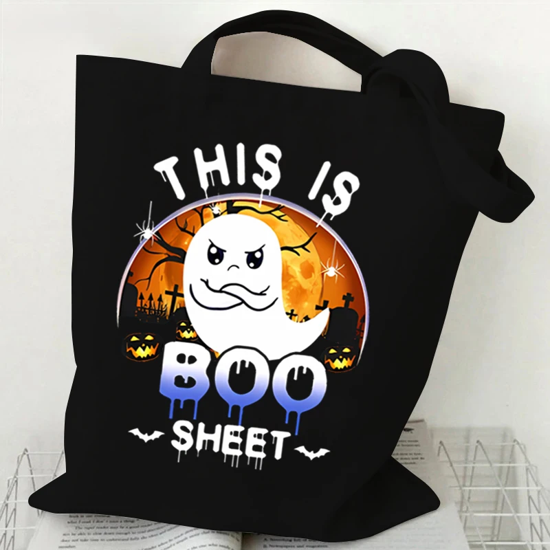 Women Canvas Shoulder Bag Halloween Ghost Reading Books Print Handbag Ladies Casual Bookworm Tote Bag Book Lovers Shopping Bag