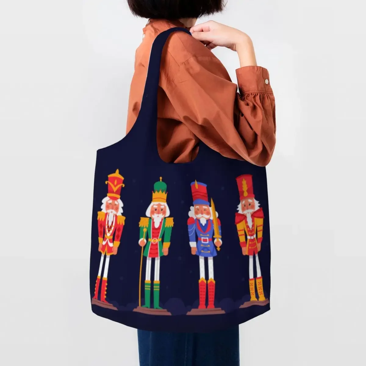 Cartoon Toy Soldier Christmas Nutcracker Gift Shopping Bag Women Canvas Shoulder Tote Bag Durable Groceries Shopper Bags