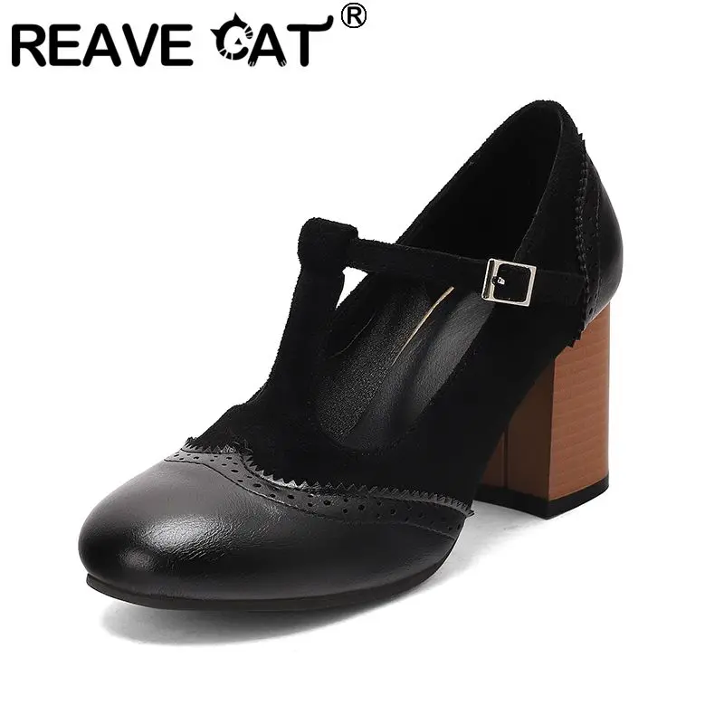 

REAVE CAT Yellow Women Pumps Round Toe 7.5cm Chunky Heel Buckle T-Strap Splicing Plus Size 46 47 48 49 50 Sweet Mary Janes Shoes