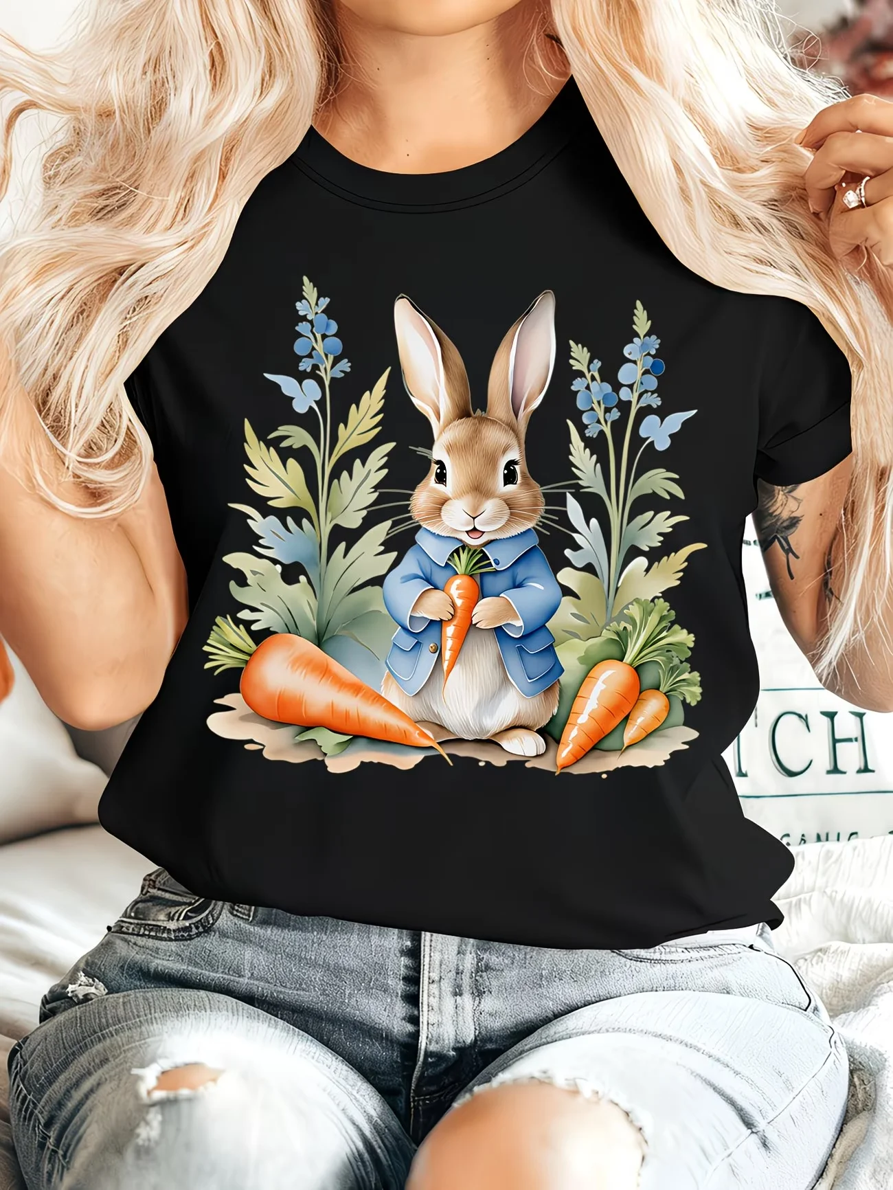 Easter Gift Women's Clothing Peter Rabbit Summer Round Neck Short Sleeve Women T-Shirt Holding A Carrot Sitting Among Flowers