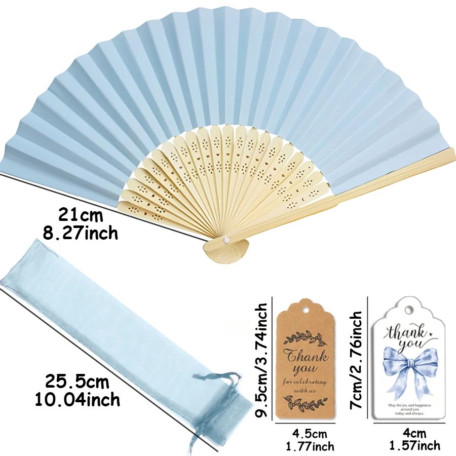 1Set Folding Paper Hand Fans, 8.27 Inch Bamboo Handheld Fan with Organza Gift Bags and Thank You Tags Wedding Favors Party Gifts
