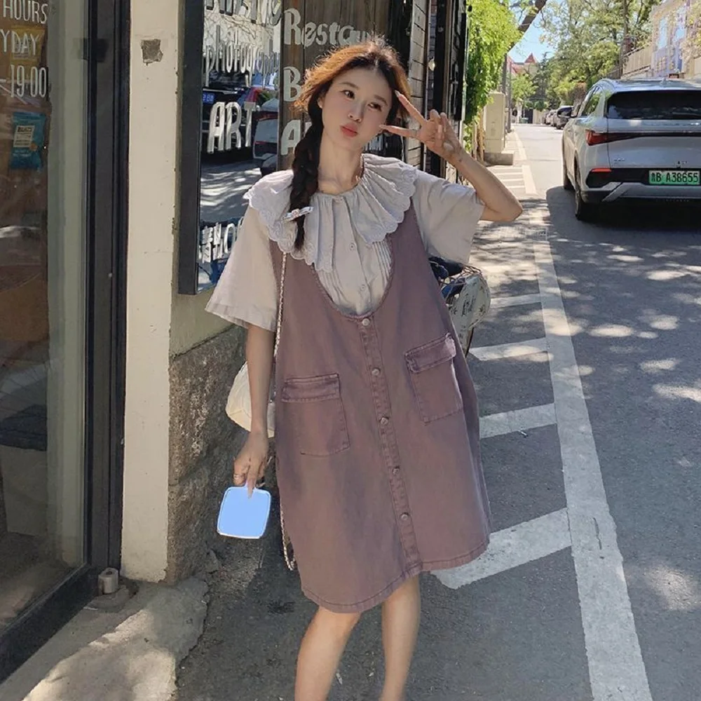 

Korean College Style Two-Piece Set Sweet Doll Collar Shirt Strap Dress Women Summer New Niche Design Sense Set