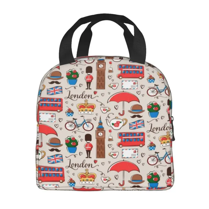 London Pattern Insulated Lunch Bag for Women Portable British Flag UK Red Bus Thermal Cooler Bento Box Office Work School