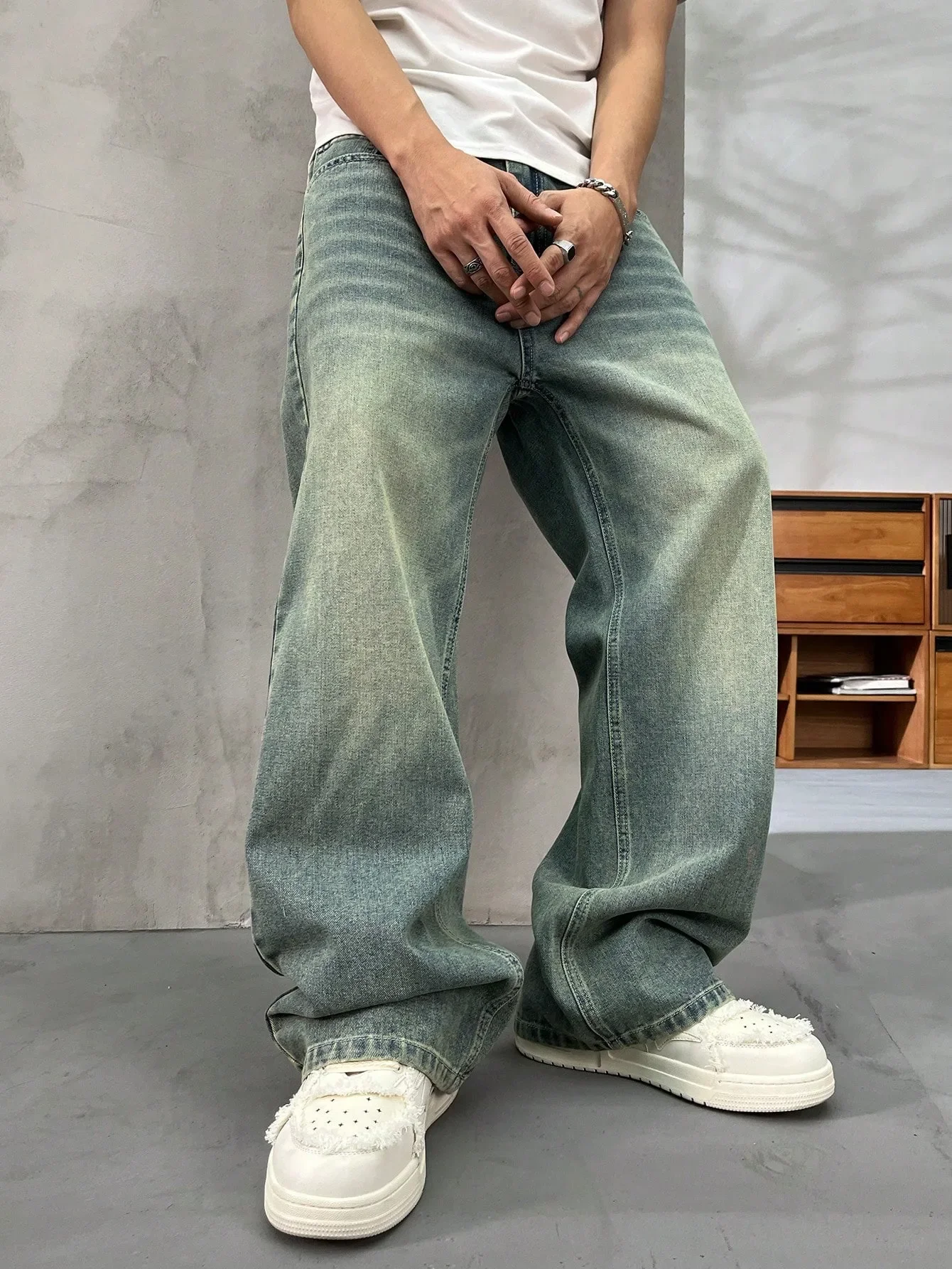 

Pop 1Pc Men's Wide Pants Brushed Jeans Wide Jeans Y2K New Rocks Jeans Buggy Black Hip-Hop Pants