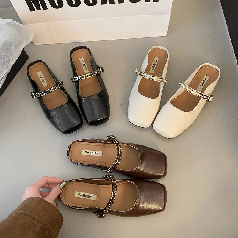 الكورية الرجعية نمط جديد 2025 الربيع/الصيف ساحة تو الفم الضحلة شخص كسول المتخصصة حزام الموضة مشبك المرأة نصف النعال