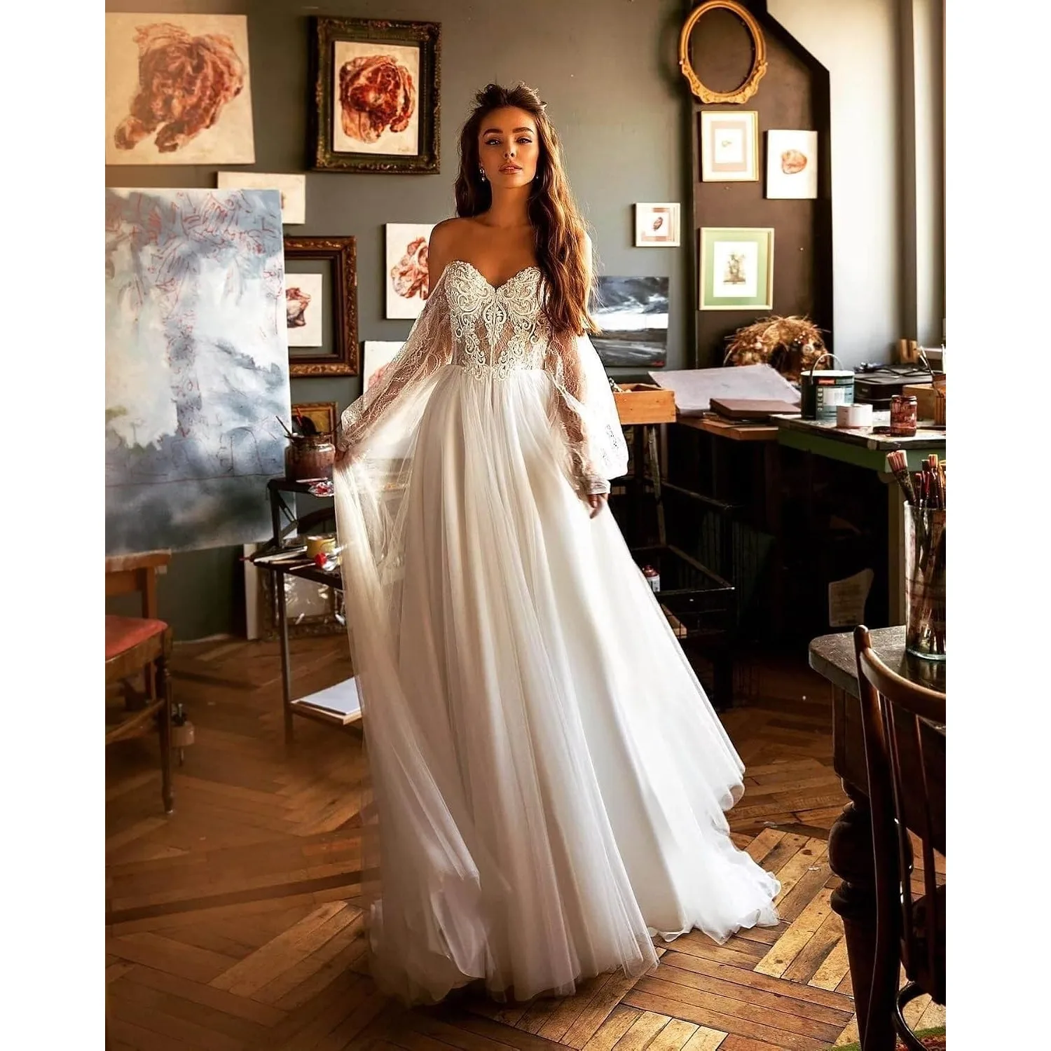 Customized Elegant Off-the-Shoulder Sweetheart Neck Detachable Puffy Sleeves A-Line Wedding Dresses Lace Appliques Bridal Gowns