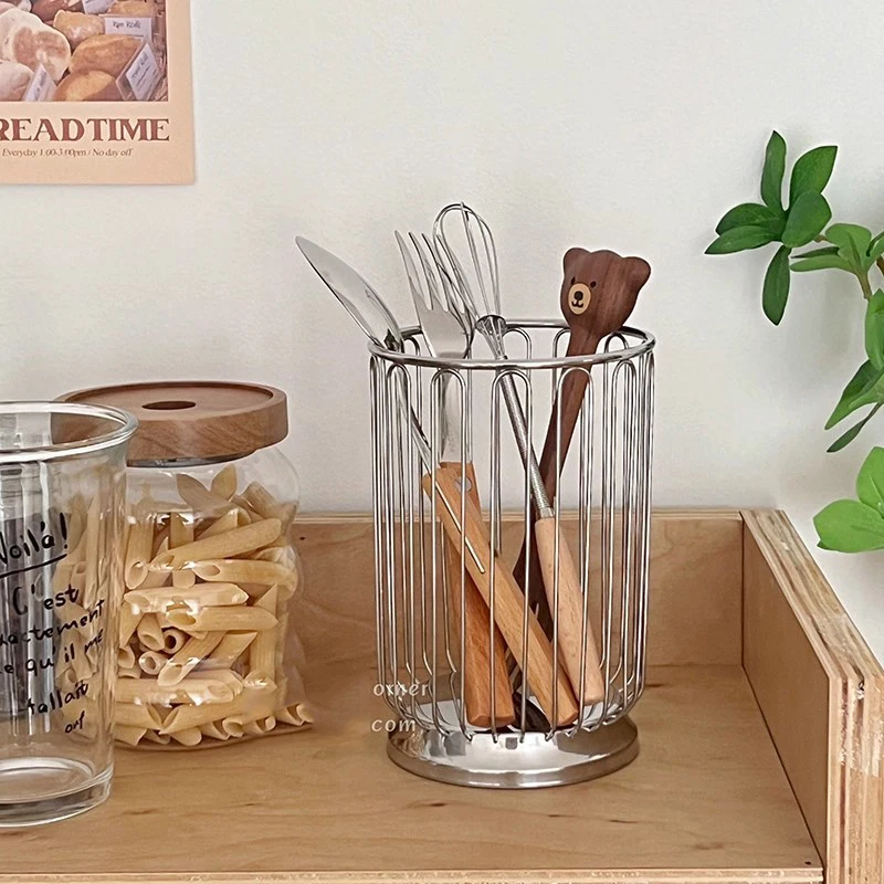 Ins Cylindrical Storage Bin  Desktop Spoon Tableware Stainless Steel Drain Bin Stationery Makeup Brush Comb Storage Bin