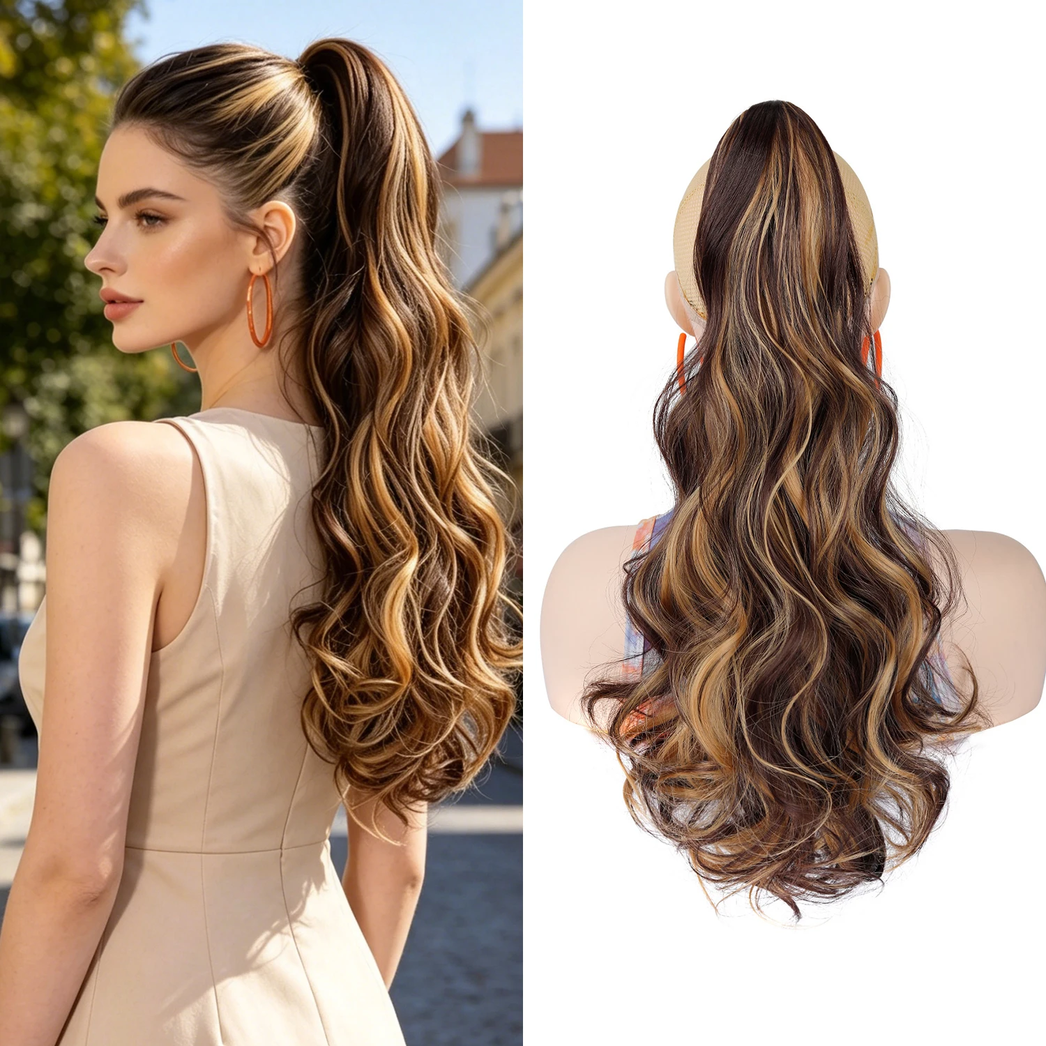 Curly Ponytail Hair Extensions 22Inch Claw Wavy Ponytails Extensions for Women Fluffy Synthetic Clip in Hairpiece for Daily Use