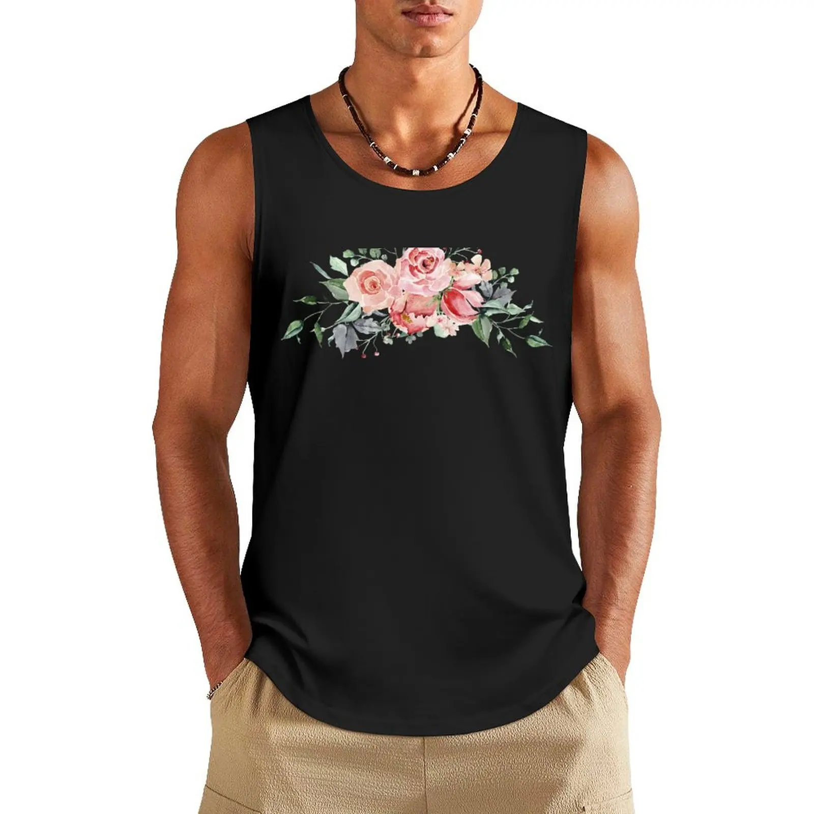

Pink Roses Watercolor Bouquet Tank Top gym accessories man Men's sleeveless t-shirt men gym
