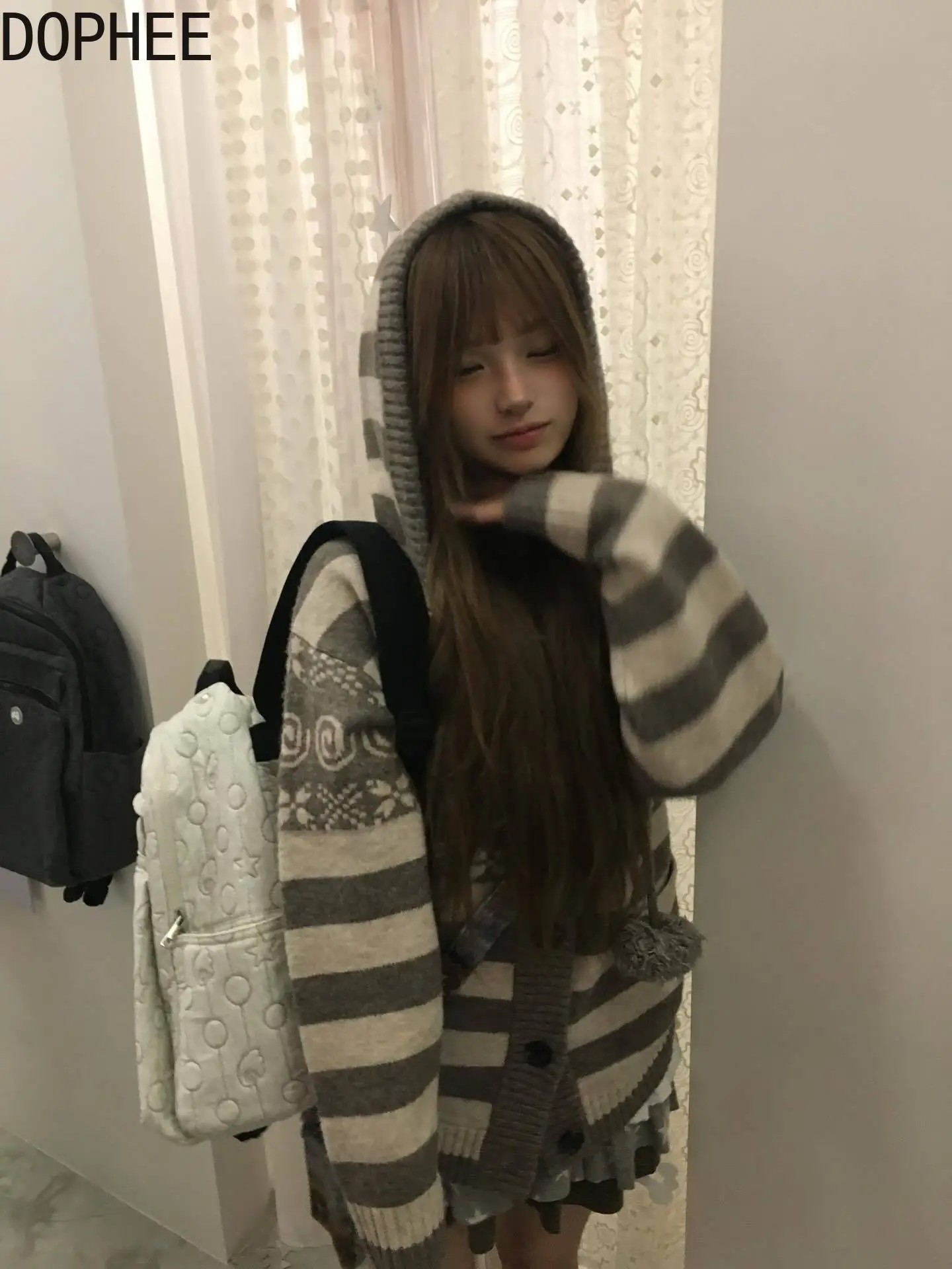 

Japanese Autumn Winter Vintage Stripes Hooded Cardigans Coat Mid-long Single-breasted Sweater Top Casual Women Knitted Shirts