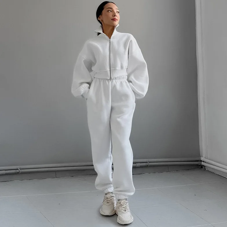 

Fleece-lined Autumn Women's 2 Piece Outfit Turn Down Collr Zipper Short Female's Coat Elastic Waist Pockets Sport Pants For Lady