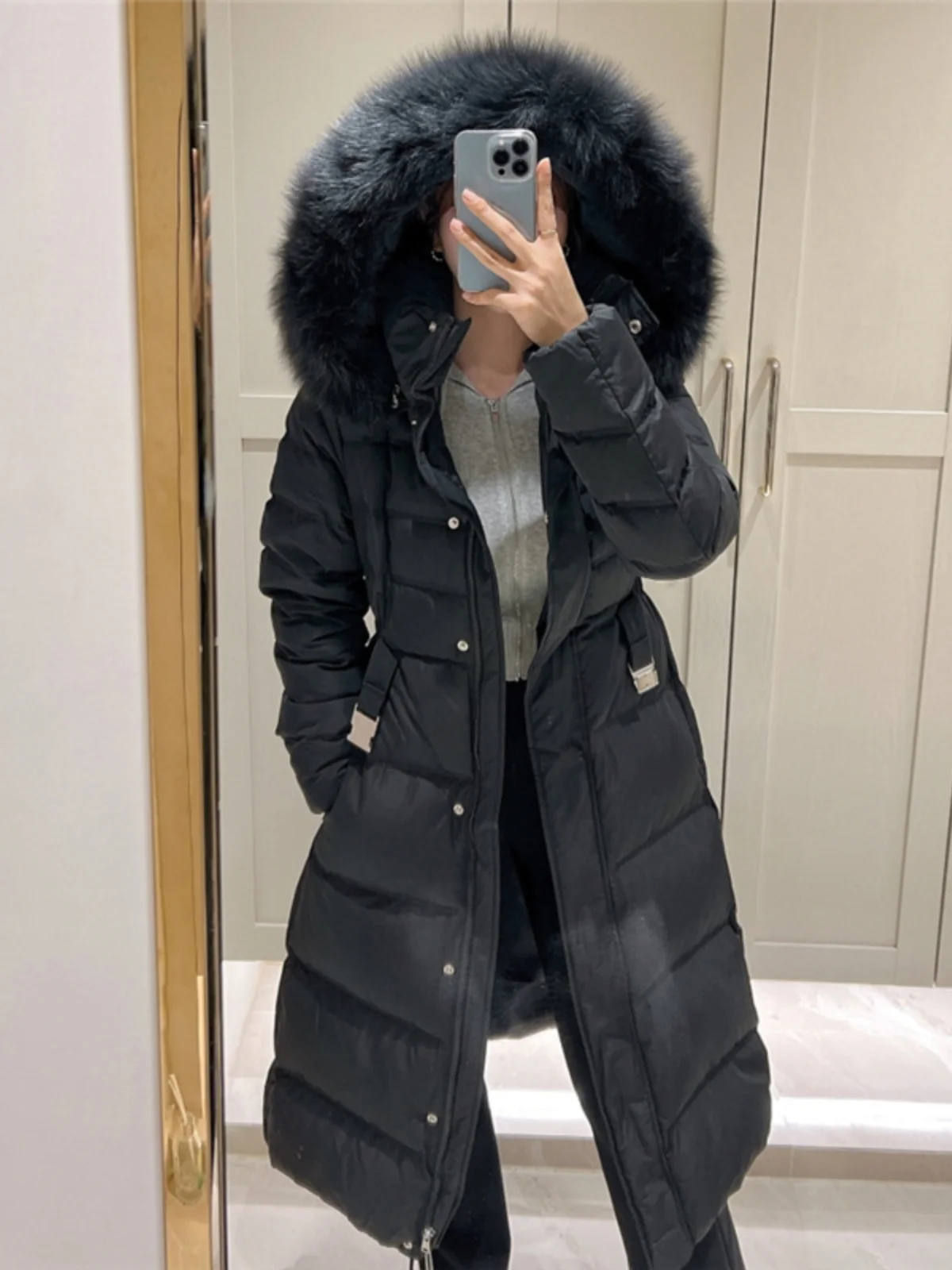 Korean Sle Long Thiened Women's down Jaet Winter Faionable over Knee Slim Fit Waist Inward Coat with Fur Collar