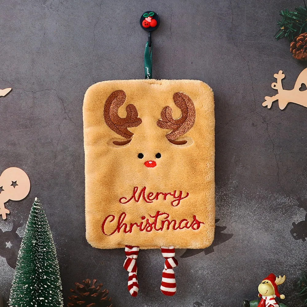 Coral Fleece Merry Christmas Hand Towel Embroidered Pattern Water-absorbent Christmas Handkerchief Quick-drying Soft
