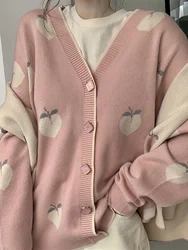 Women's Kawaii Peach Graphic Print V Neck Knit Cardigan Long Sleeve Casual Every Day Sweater For Winter